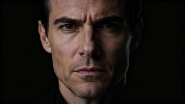 Intense dramatic close up portrait of Caucasian adult man with furrowed brow, serious angry facial expression, and low key lighting against dark background. photo