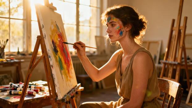 Dedicated female painter creating abstract art with vibrant colors on a tall canvas in a sun-drenched during golden hour. photo