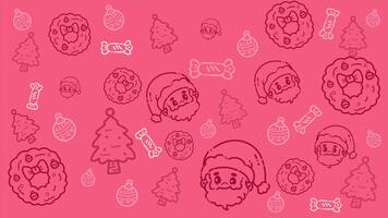 rosa bakgrund mönster animering med klotter av söt tecken rådjur, tejp, strumpa, lampa jul små objekt anordnad i en ljus lekfull mönster. video