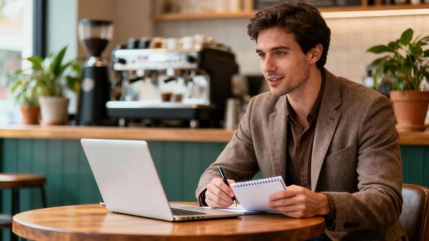 Well-dressed young adult male writing observations in a small notepad while using a laptop computer at a round wooden cafe table. photo