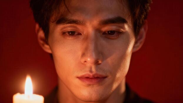 Thoughtful young adult man illuminated by the warm light of a burning candle against a dramatic crimson background, emphasizing introspection. photo