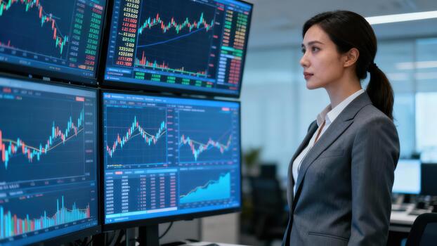 Professional Asian businesswoman reviewing multiple screens showing complex financial candlestick charts and exchange data on a dark trading floor. photo