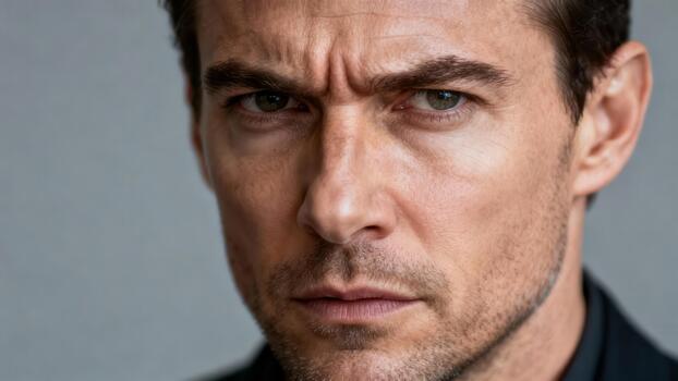 portrait of serious mature Caucasian man with stubble showing an angry expression and deep forehead wrinkles. photo