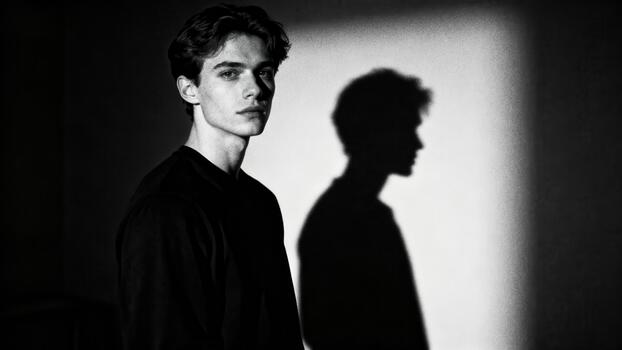 Intense portrait of a handsome young man in black attire standing against a textured wall with a dramatically illuminated profile shadow. photo