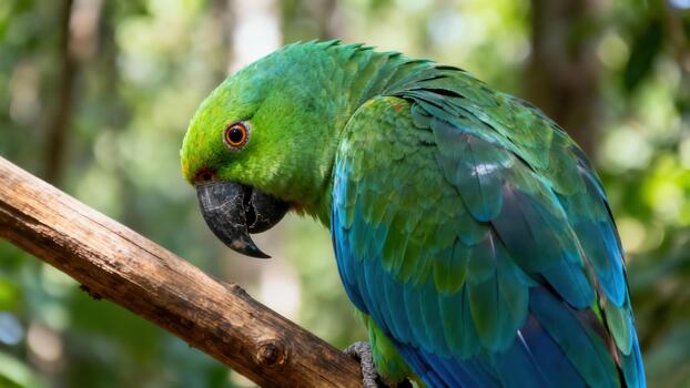 Brilliant green Amazon parrot bird with blue feathers perching on a textured tree limb in the jungle habitat. photo