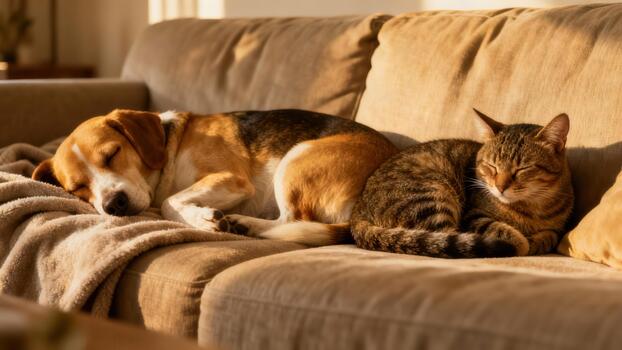 tricolor beagle perro descansando siguiente a un atigrado gato rizado arriba dormido en un cómodo beige sofá iluminado por calentar tarde ligero. foto