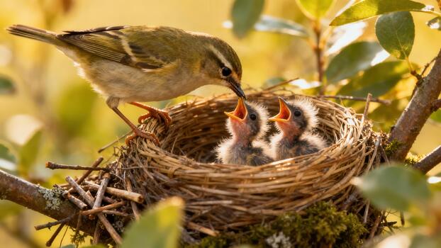 Parent warbler bird feeding two hungry nestlings with open beaks inside a woven stick nest among bright green foliage. photo