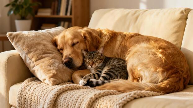Golden Retriever dog embracing striped tabby cat while napping comfortably on a soft neutral sofa under warm afternoon sunlight. photo