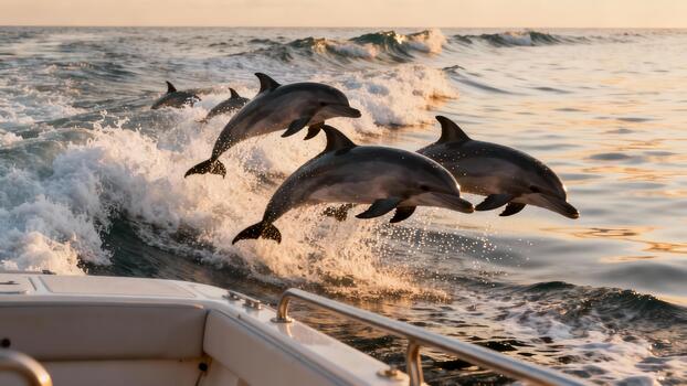 Pod of gray Bottlenose dolphins jumping out of ocean waves beside a moving boat during golden hour. photo