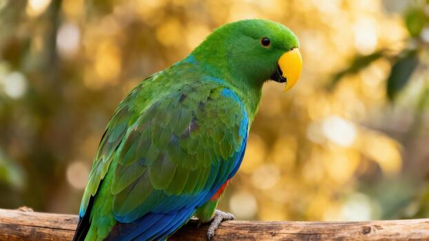 Male Eclectus parrot displaying bright green and blue feathers perched on a wooden branch against a golden bokeh background. photo