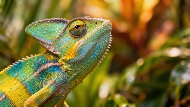 Veiled Chameleon lizard displaying vibrant green, blue, and yellow patterns, covered in fresh water droplets in a humid tropical environment. photo