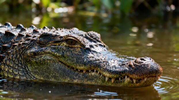 Wild caiman reptile head emerging from murky swamp water, showing sharp teeth and textured scales under bright sunlight. photo