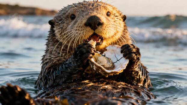 Wild sea otter floating on its back holds a cracked oyster shell while eating a mollusk in the ocean during warm golden hour light. photo