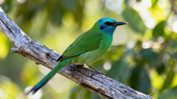 Green Bee-eater bird with bright turquoise head plumage perched on a weathered tree branch against a blurred green background. photo