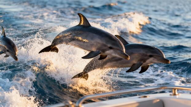 Three wild bottlenose dolphins jumping high out of the deep blue ocean waves illuminated by warm sunlight. photo