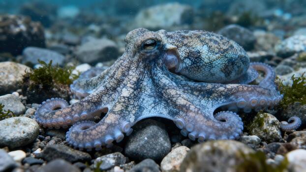 Common octopus displaying detailed blue and brown mottled camouflage skin while resting on a gravel bottom underwater. photo