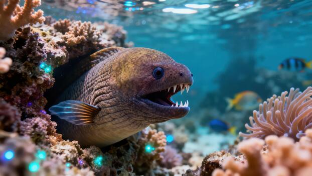 Large moray eel displaying sharp teeth while hiding within the intricate structures of a stony coral reef in clear blue ocean water. photo