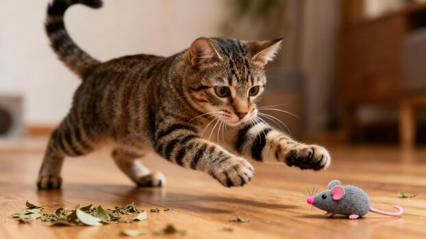 Domestic tabby cat intensely focuses while reaching out to strike a fuzzy gray toy mouse indoors. photo