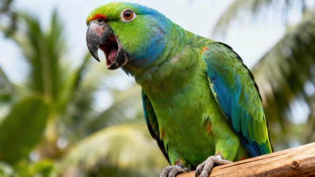 Vibrant Blue-fronted Amazon parrot opening its black beak wide while perched on a textured brown log amidst lush green palm trees. photo