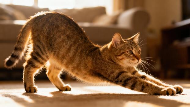 Domestic brown tabby cat performing a deep forward stretch on a carpeted floor during golden hour. photo