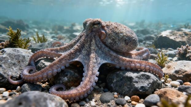 Common octopus resting its tentacles on dark gray volcanic rocks on the sunlit shallow seabed. photo