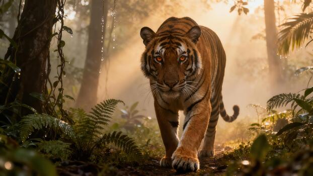 Majestic Bengal tiger walks directly forward on a jungle path surrounded by ferns and vines, illuminated by golden foggy sunlight. photo