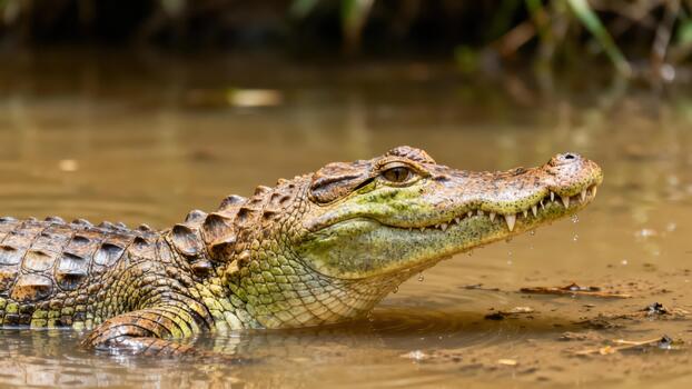 Wild Caiman reptile with sharp teeth partially submerged in murky jungle swamp water, showing textured scales and powerful jaws. photo