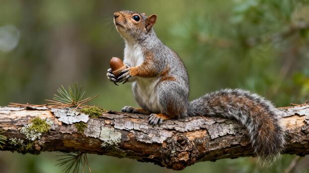 Eastern Grey Squirrel holding a brown acorn firmly in its front paws while perched on a textured tree branch surrounded by pine foliage. photo