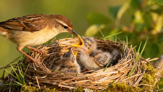 Small brown Sedge Warbler bird feeding two tiny chicks with wide open yellow mouths inside a grassy stick nest. photo