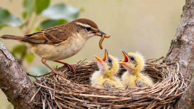 Small brown parent bird holding a mealworm feeding two fluffy yellow hatchling chicks with open beaks inside a woven nest. photo