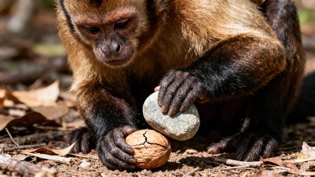 Brown Capuchin monkey uses a gray stone tool to break open a cracked walnut on sunlit dirt ground. photo