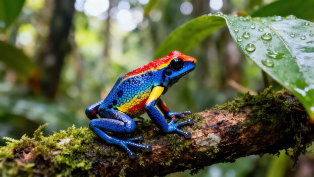 Brightly patterned blue, red, and yellow Poison Dart Frog perching on a wet moss covered log in a tropical jungle setting. photo