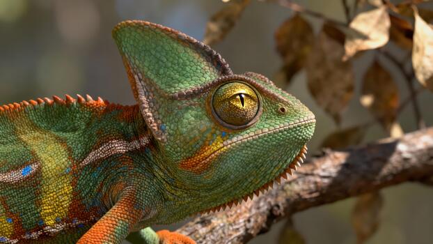 retrato de un detallado, vistoso velado camaleón con brillante amarillo ojo encaramado en un texturizado árbol miembro en natural hábitat. foto