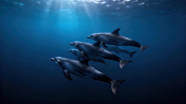 Pod of four gray dolphins swims in formation within deep dark ocean water illuminated by bright shafts of sunlight. photo