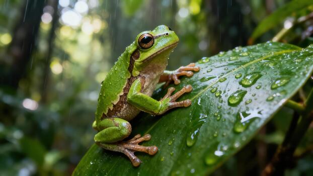 Bright green tree frog covered in rain droplets resting on a large wet leaf with a deep forest background during a gentle shower. photo
