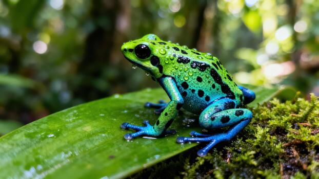 Green and black spotted poison dart frog resting on a moist jungle leaf covered in rain droplets in a tropical forest. photo