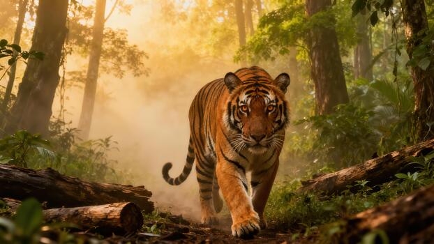 Powerful striped tiger walks directly forward on a muddy jungle path illuminated by golden morning light and atmospheric mist. photo