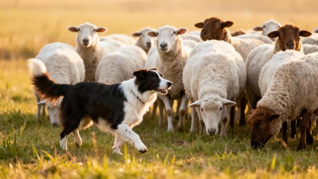 negro y blanco frontera collie perro corriendo junto a un grande rebaño de blanco y de cabeza morena oveja pasto en un calentar campo a puesta de sol. foto