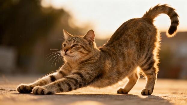 Brown patterned Tabby cat stretching its body forward on pavement illuminated by golden backlight. photo