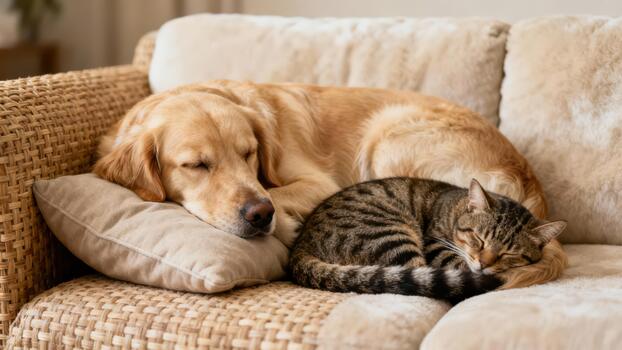 pacífico dorado perdiguero perro dormido en un beige almohada siguiente a un rizado atigrado gato descansando en un texturizado sofá. foto