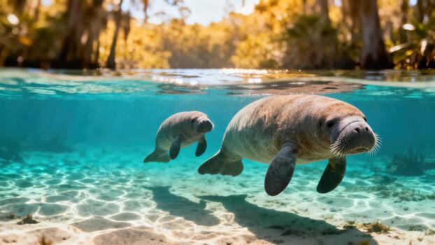 Manatee mother and calf swim together in the exceptionally clear turquoise water of a shallow subtropical spring. photo