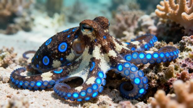 Venomous Blue-ringed Octopus displaying its bright iridescent warning rings while resting on the textured sand and coral rubble seabed. photo