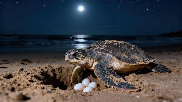 Green sea turtle resting beside its nesting hole containing white eggs on a dark beach lit by a bright full moon. photo
