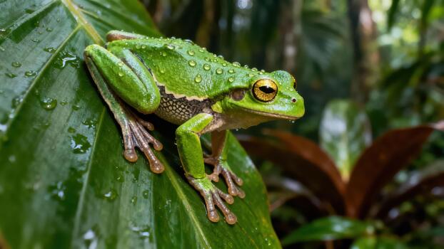 Vibrant green tropical tree frog covered in raindrops sits on a wet, large jungle leaf with a blurred rainforest background. photo