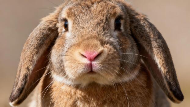 Headshot of a brown Lop rabbit showing detailed fur texture, large floppy ears, and pink nose against a soft beige background. photo