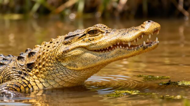 Wild Caiman reptile with textured golden scales emerging from muddy brown swamp water, mouth open displaying sharp white teeth. photo