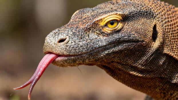 Komodo Dragon lizard extending its long, pink, forked tongue and showing its textured scales and striking yellow eye in profile. photo