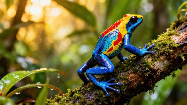Vividly colored blue, yellow, and red poison dart frog perched on a mossy wet log in a lush tropical jungle setting with golden morning bokeh. photo