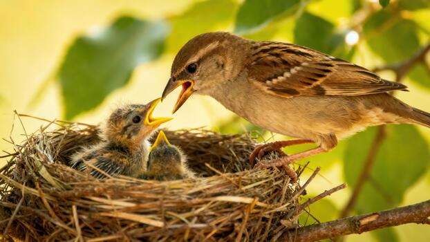 House sparrow feeds two tiny chicks with yellow gaping mouths inside a woven nest during bright summer daylight. photo