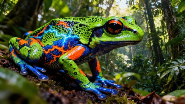 Highly colorful tropical frog displaying glowing blue lightning markings while resting on a mossy log in a lush rainforest environment. photo